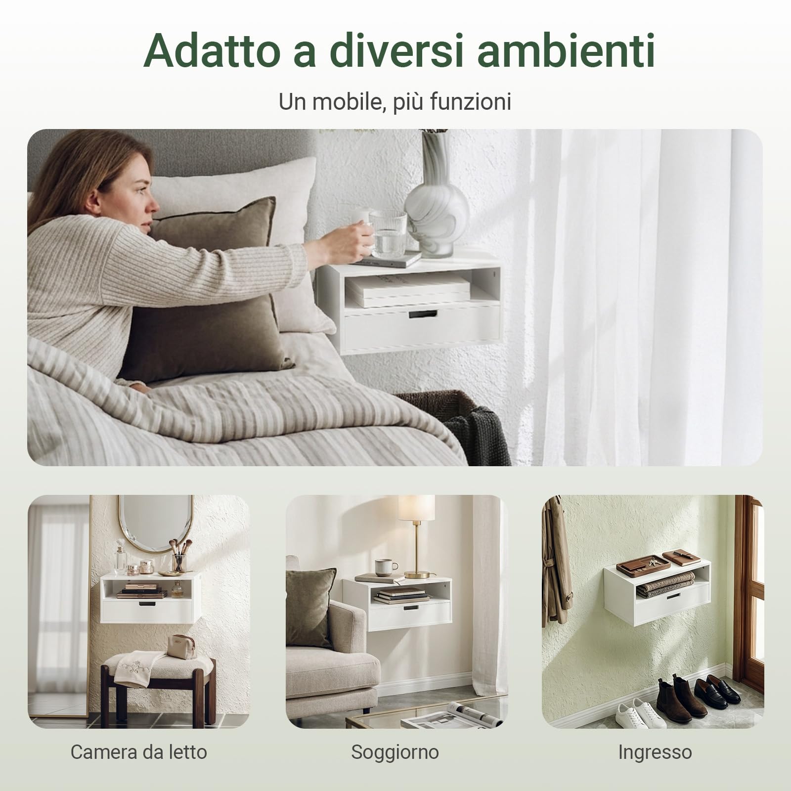 SoBuy Comodino sospeso con cassetto e mensola 45x25x22 cm | Mensola da muro con vano aperto, soluzione salvaspazio per camera e ingresso, bianco NKD03-W