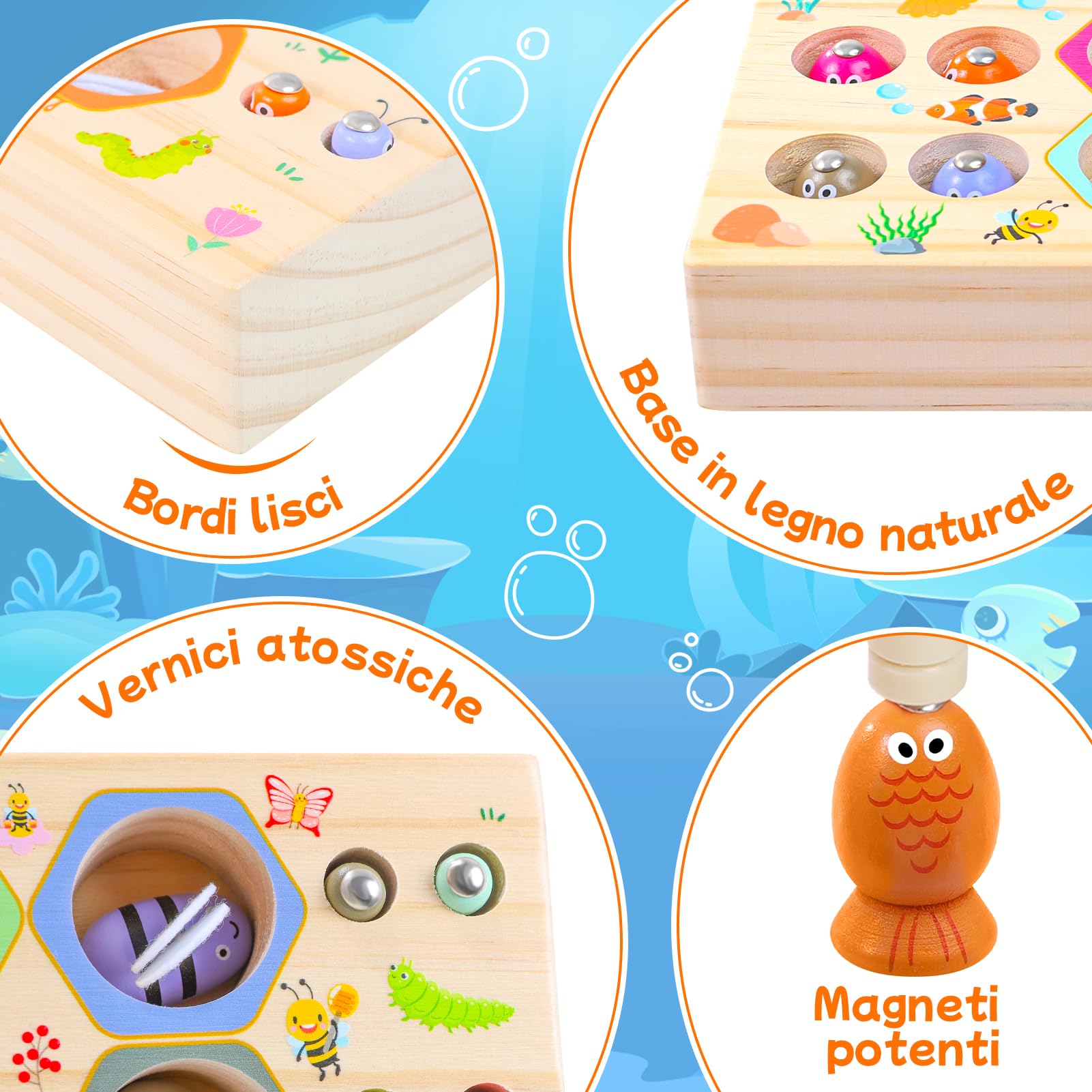 Gioco di Pesca Magnetico, 3 In 1 Giocattoli da Pesca in Legno per Bambini, Giocattoli Montessori, Giochi Educativi, Regalo per Compleanno di Natale di 3 Anni per Ragazzo e Ragazza