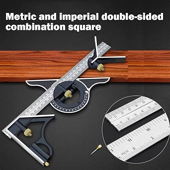 300 mm 12 Inch Combination Square Set Carpenter's Angle Adjustable Protractor Stainless Steel Try Square Universal Angle with Spirit Level and Scriber Needle for 0-180 Degrees