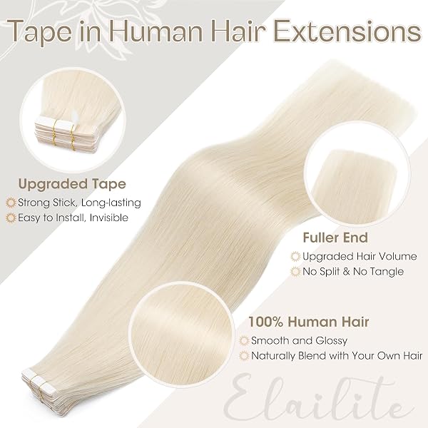 Elailite Tape in Hair Extensions Human Hair Real Human Hair 10 Pcs Invisible Thin Type - Seamless Skin Weft Remy Hair Extension (#70 Bleach White, 12 Inch-10g) - 4