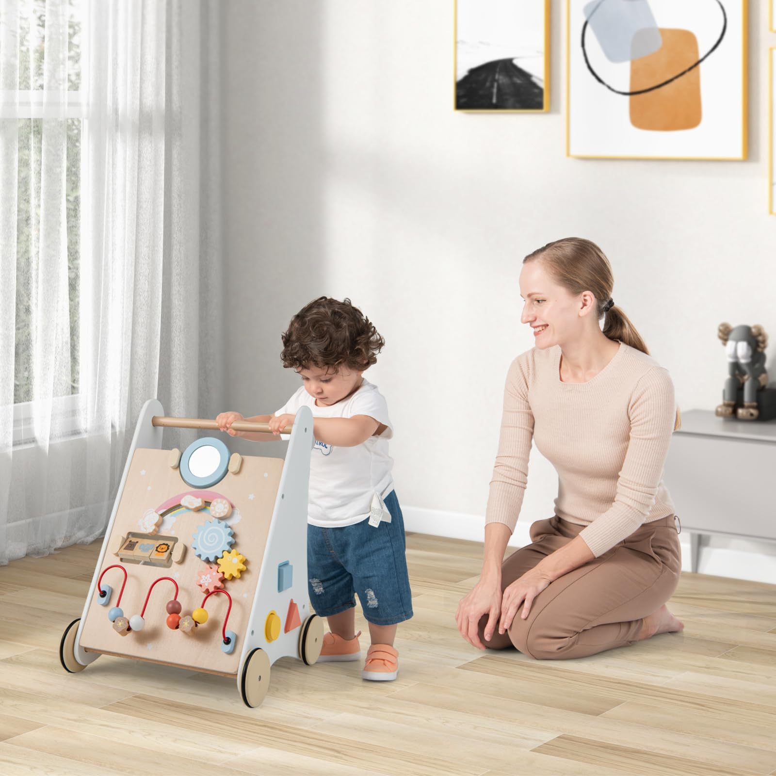 LIFEZEAL Lauflernwagen Holz, Lauflernhilfe mit Stauraum, Bauklötzen & Spielboard, Baby Walker ab 36 Monate, Baby Gehfrei Gehhilfe zum Spaß, für Jungen & Mädchen (Stil 1) (34,5 x 32,5 x 45 cm)