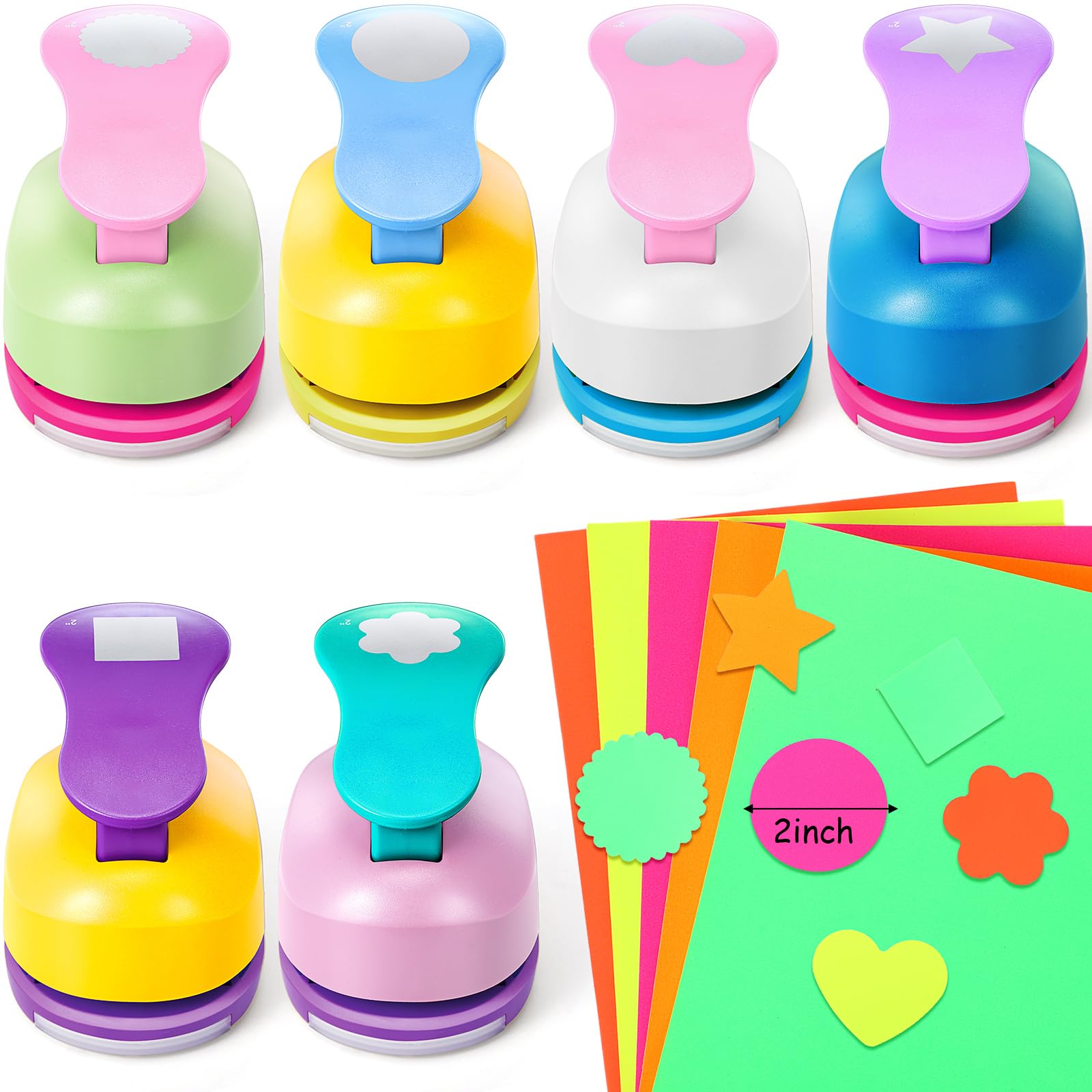 CHENGU 16 Pcs Craft Holes Punch Paper Punchers Scrapbook Punches with Craft Sticker Paper, Round, Star, Square, Heart, Flower, Wave Circle Shape(2