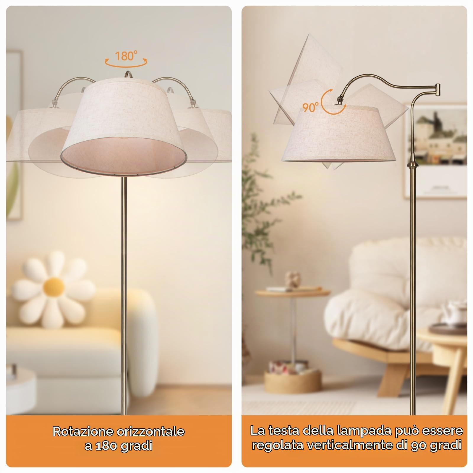 Lampada da terra con braccio oscillante, lampade da terra ad arco con braccio regolabile a 180° per soggiorno, lampada da terra Mid Century con paralume in lino, lampade alte per camera da letto