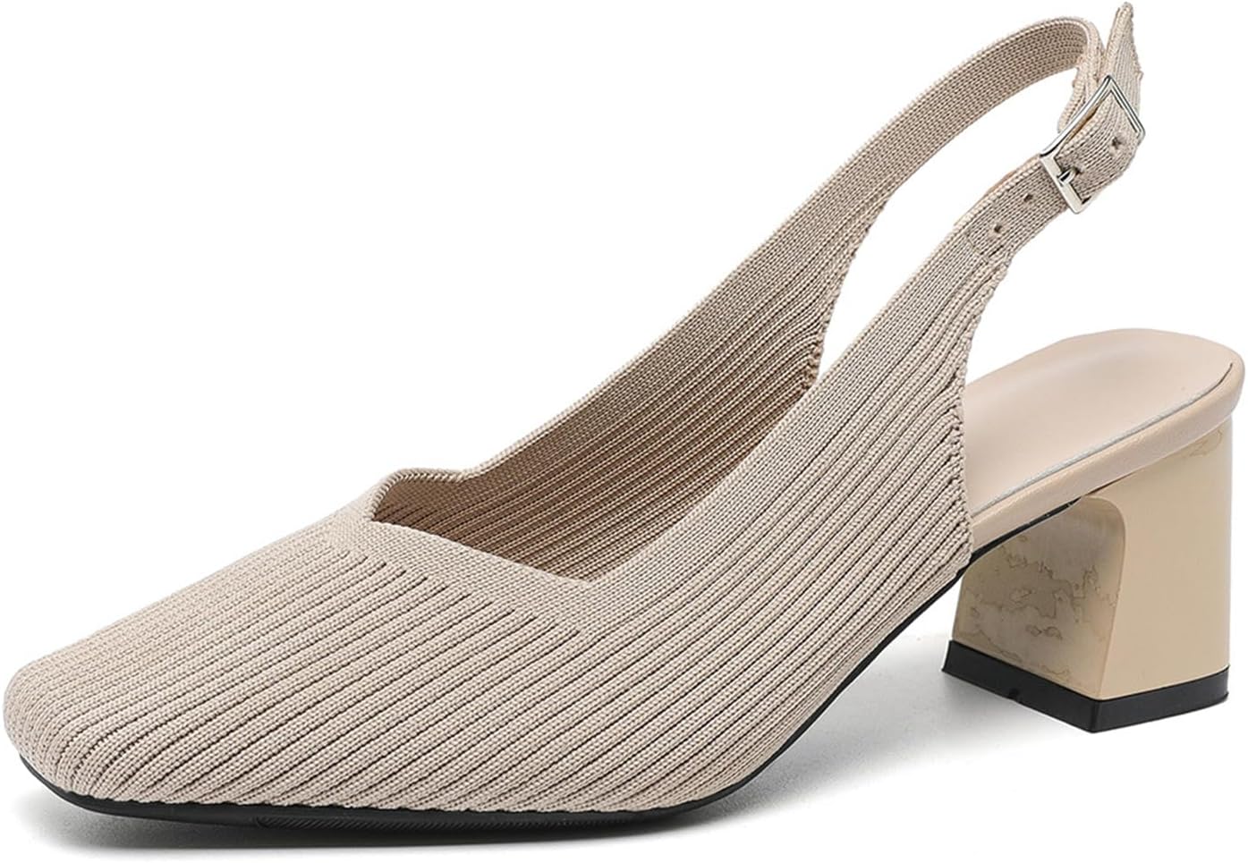 Tokouk Womens Knit Slingback Low Chunky Block Heel Pumps with Elastic Ankle Strap Comfort Closed Square Toe Block Heel Backless Dress Shoes for Evening Party Bride Wedding