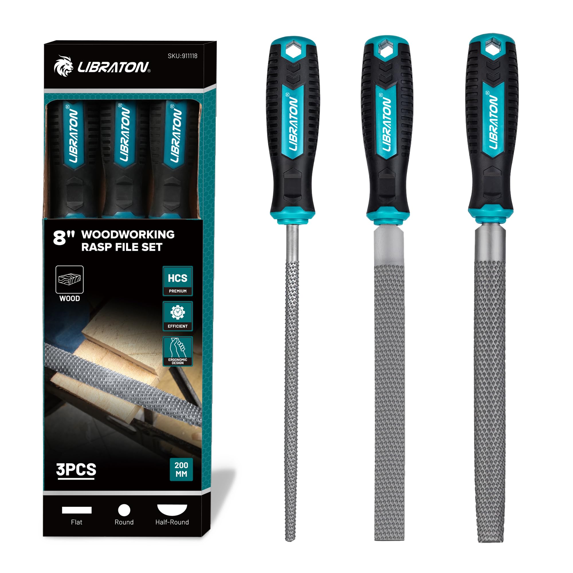 Libraton Set di Raspe per Legno 3 Pezzi, Lime per Legno Multiforma, Raspa per Legno in Acciaio al Carbonio 200mm, Set di Lime per Falegnameria con Impugnatura Comoda Include Piatta, Tonda e Mezzotonda