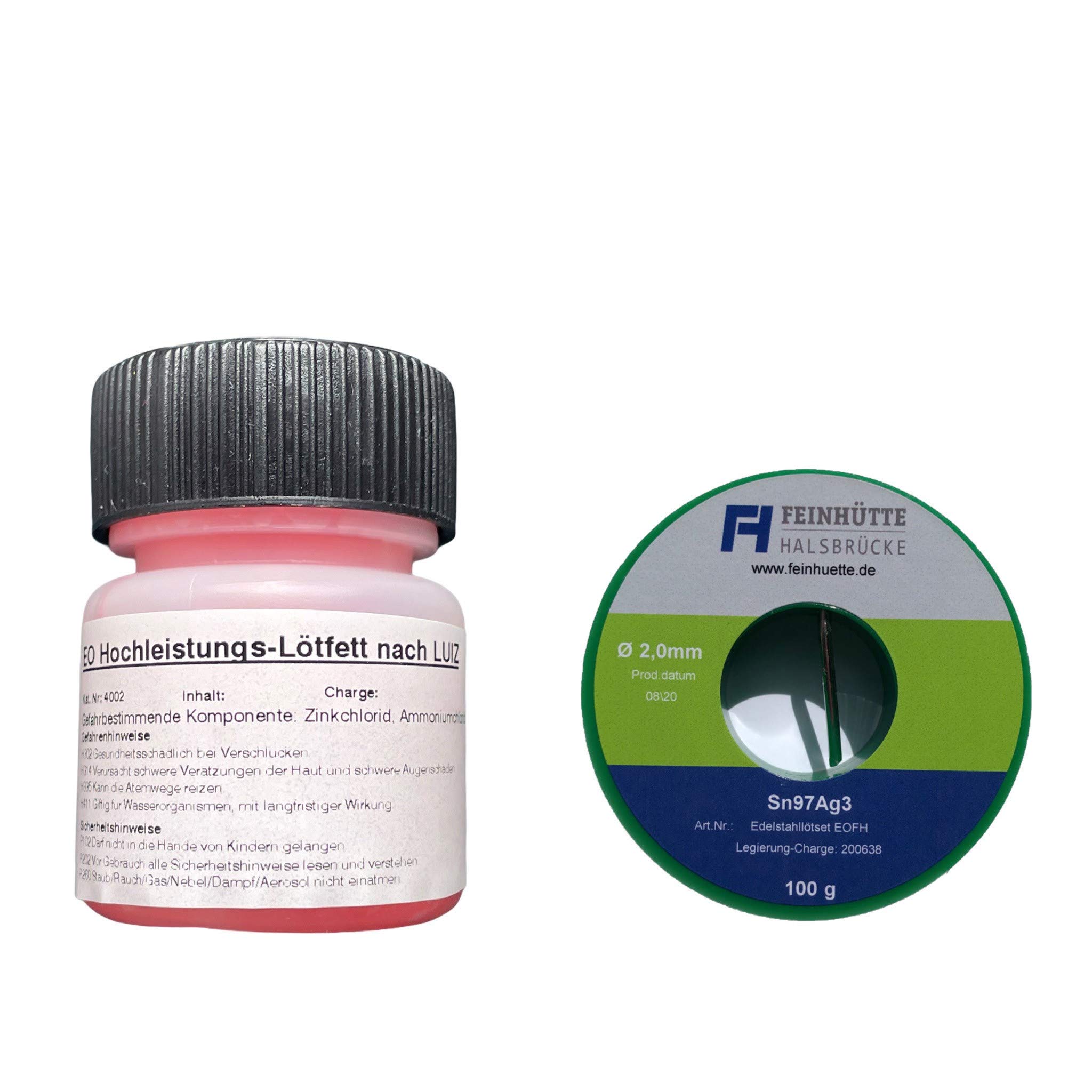 EO-FH Edelstahl Lötset Nr. 10 -EO Hochleistungs-Lötfett nach LUIZ, 30 g in Pinselflasche mit Kindersicherung, für alle gängigen Metalloberflächen incl. Edelstahl + 100 g Lötzinn Legierung Sn97Ag3