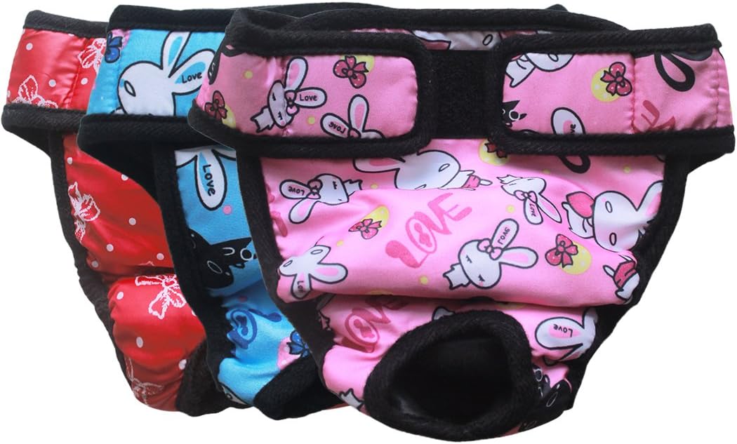 Luxury Reusable Diaper for Dogs Washable Doggie Diapers for Female Dogs in Heat Nappies Puppy Cloth Training Diapers Bowknot & Rabbit Print by (Pack of 3) Medium