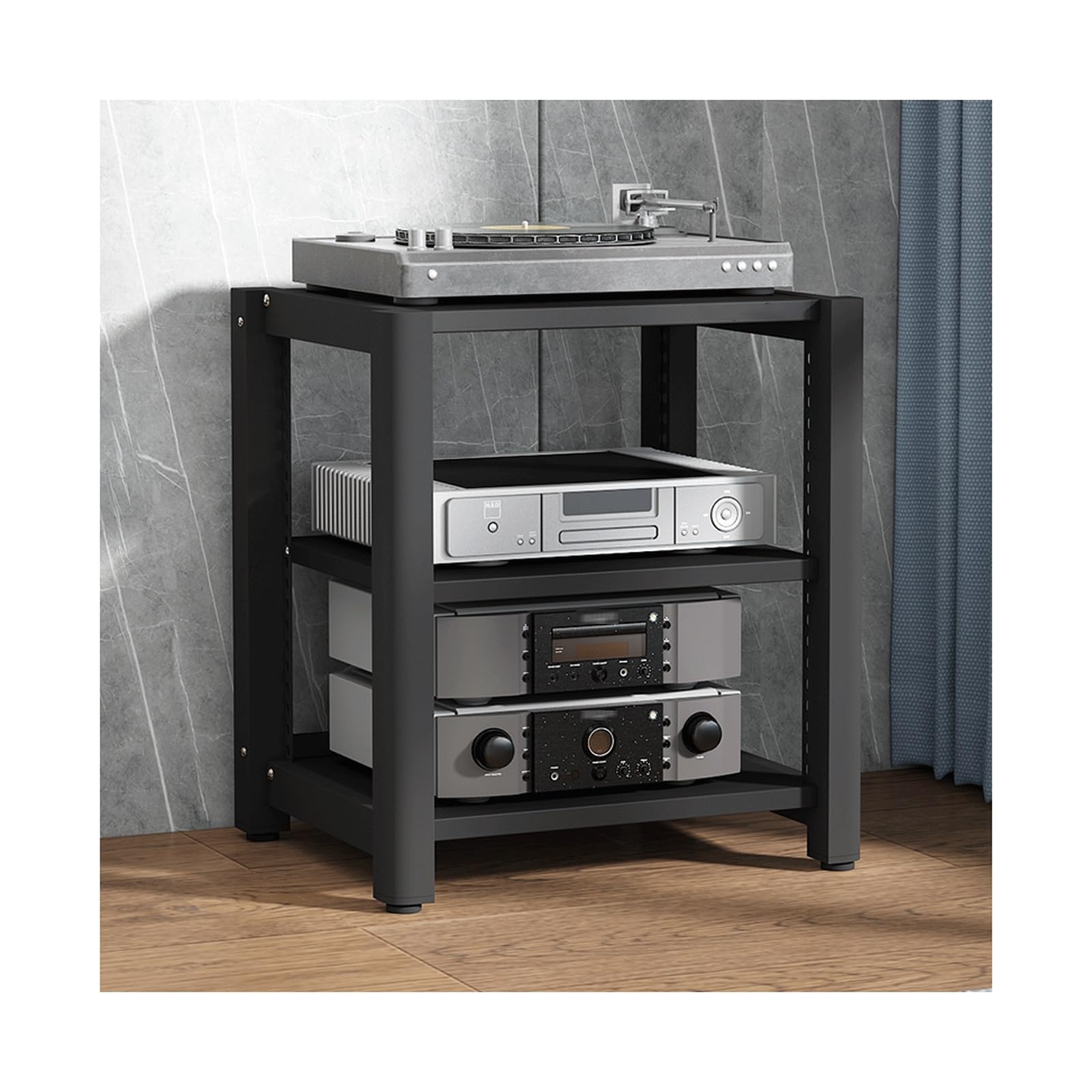 Htyukfdg Nero Hifi Stereo Stand Audio Tower Rack With Adjustable Shelves Wooden Av Component Media Stand Corner Shelf Cd Dvd Record Player Display Cabinet For Theater(,3 Tier)
