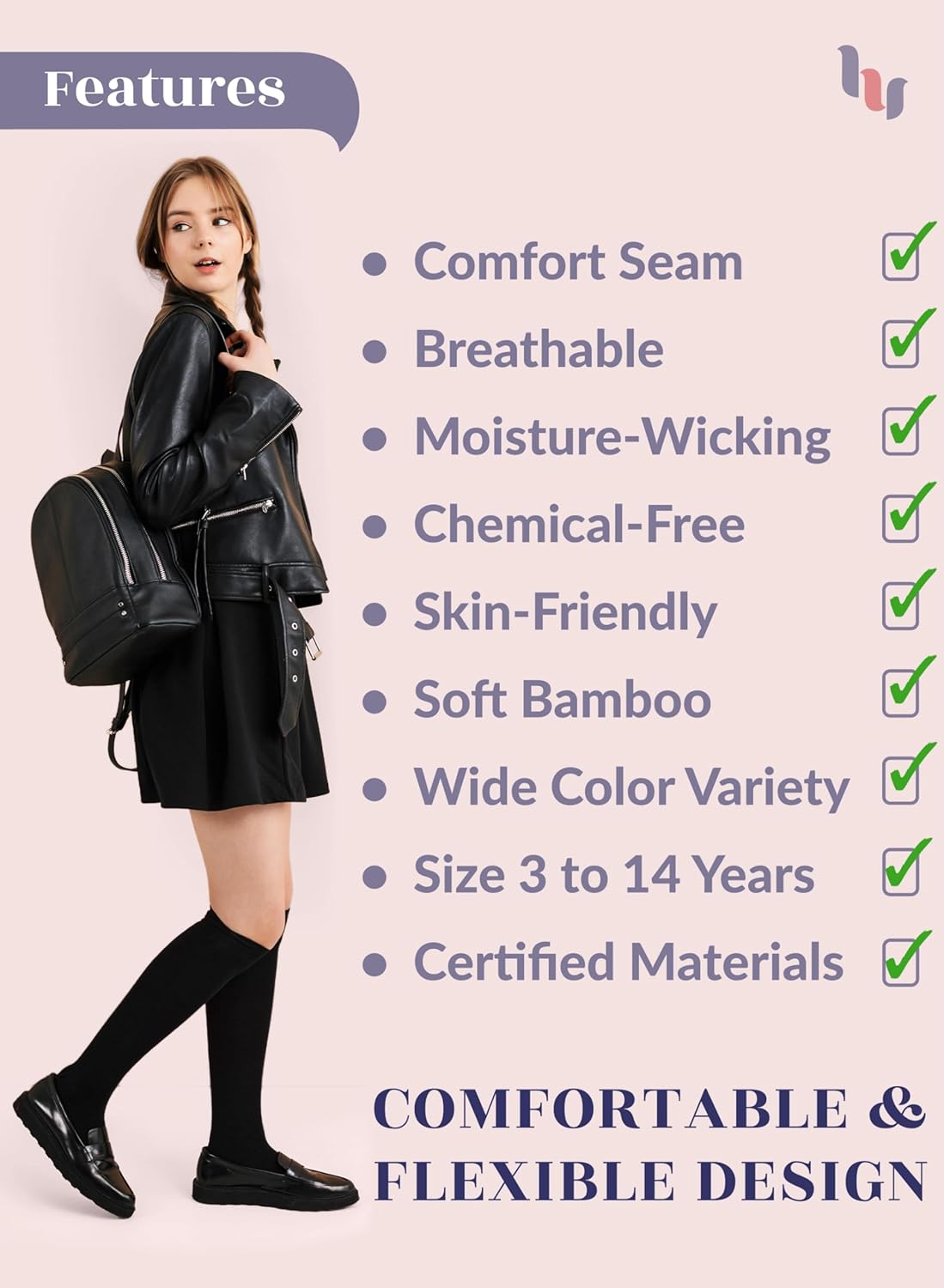 Hugh Ugoli 3 Pairs Silky Soft Premium Bamboo Socks for Girls, Boys, Kids, Absorb Sweat, Knee High Long Dress School Uniform - Image 6