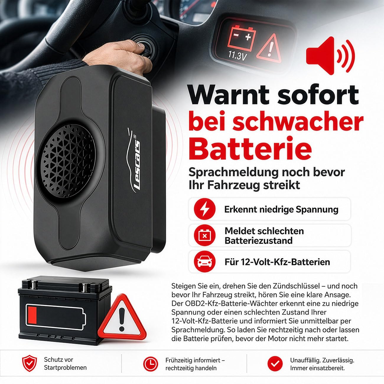 Lescars OBD2-Batteriewächter: 2er-Set OBD2-Kfz-Batterie-Wächter, Sprachansage bei niedriger Spannung (Fahrzeug-Batteriewächter für 12 V, Batterie Spannungsalarm)