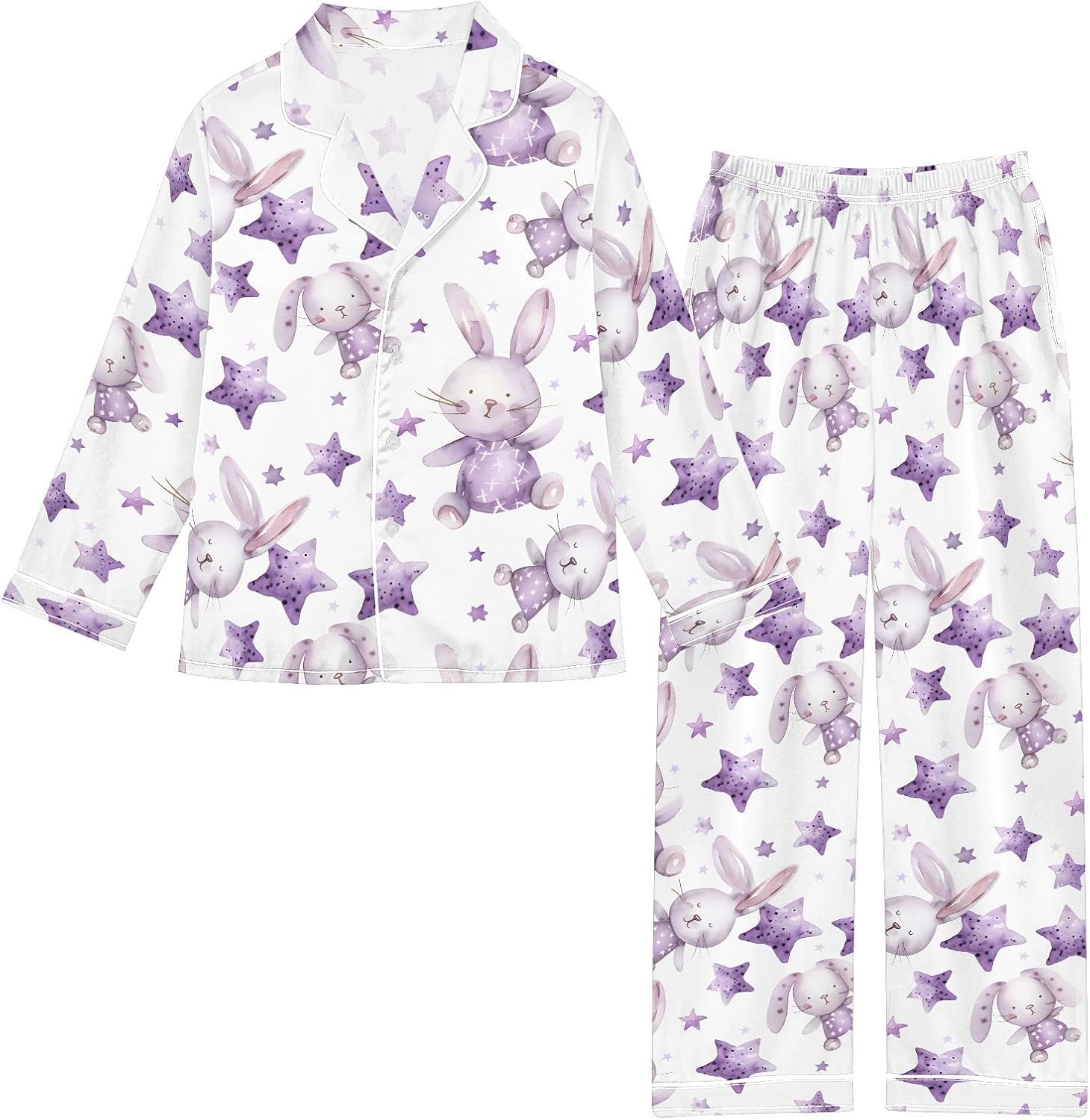 Watercolor Rabbit Star Satin Pajama Sets Long Sleeves Nightwear Button Down Sleepwear