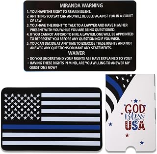 2PCS Thick Miranda Rights Card Metal SFST with Thin Blue Line American Flag for Police Case Law Enforcement Accessories Gear Officers, Aluminum Bend-Resistant Miranda Warning Card Duty DWI Gift