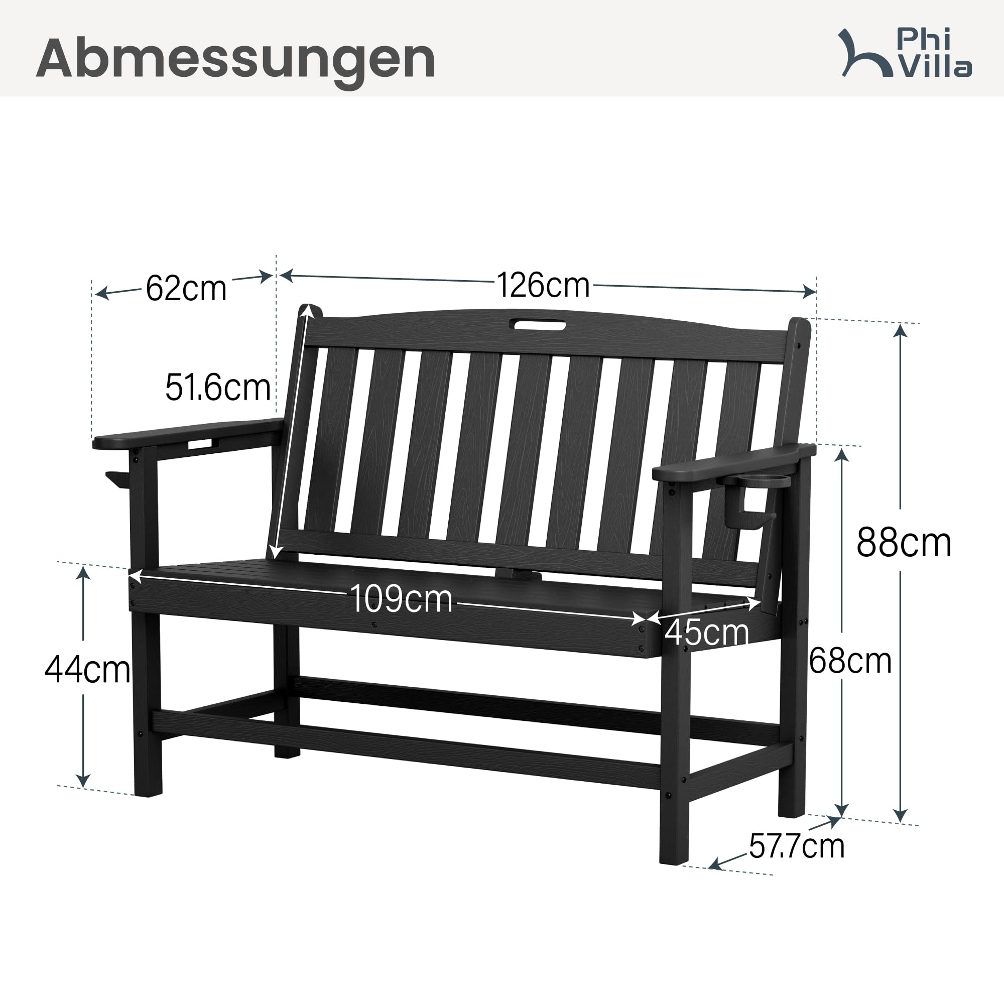 PHI VILLA Gartenbank Wetterfest aus HDPE Bank Outdoor mit 318 kg Tragfähigkeit für 2-3 Sitzer Sitzbank für Terrasse, Park, Garten und Veranda Schwarz