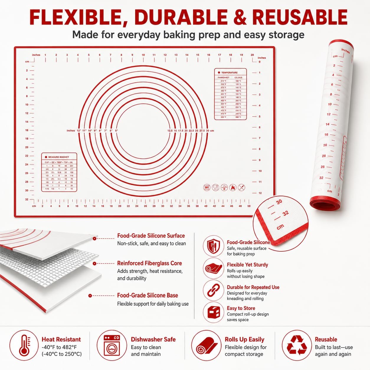 Silicone Pastry Mat 24 x 16 Inch, Dough Rolling Mat with Measurements