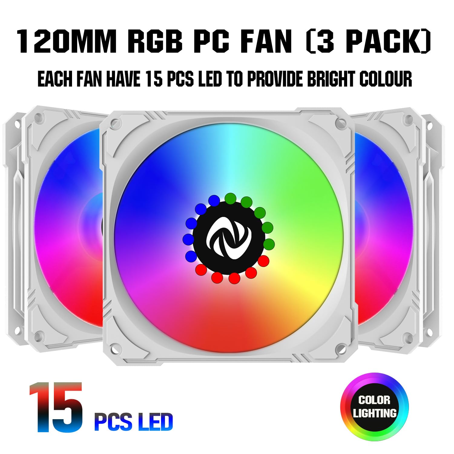 120mm Case Fan 3 Pack RGB Case Fans, N25-120 White Silent 1,200rpm PC Fans, Hydraulic Bearing - White 120mm RGB Fans with 12v 3 pin and molex 4 pin PSU plug Computer Fans for PC Case