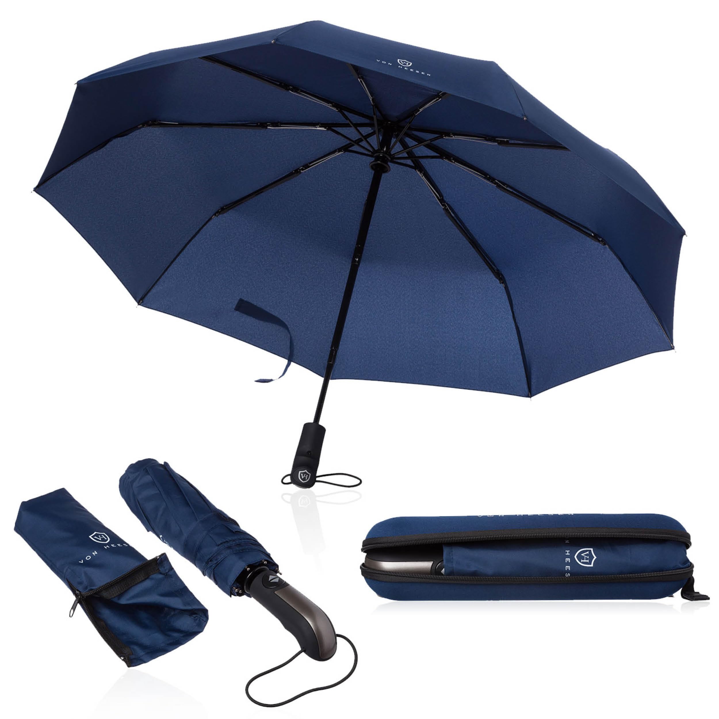 VON HEESEN Regenschirm sturmfest bis 140 km/h - inkl. Schirm-Tasche & Reise-Etui - Taschenschirm mit Auf-Zu-Automatik, klein, leicht & kompakt, Teflon-Beschichtung, windsicher, stabil