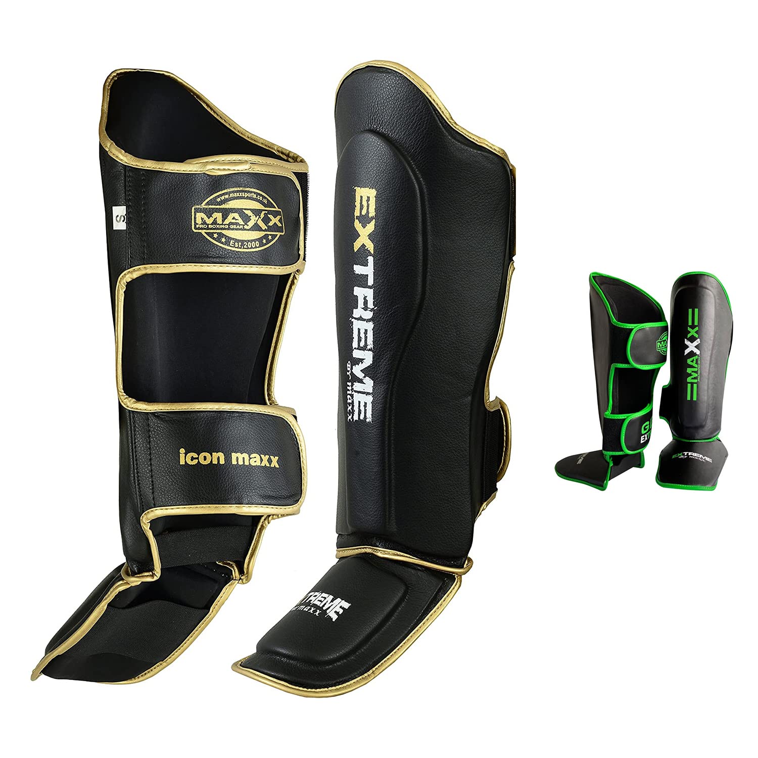 MAXX Adult Premium Maya Grain Leather Boxing Shin Guards, Ultimate Instep Pad Leg Protectors for Martial Arts Support (BLACK GOLD, S)