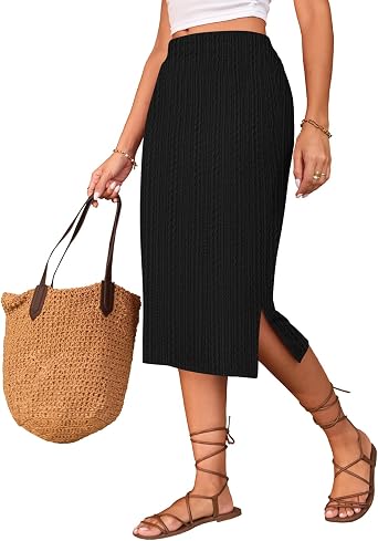 Naggoo Knitted Midi Skirts for Women Summer Elastic High Waisted Side Slit Long Skirt