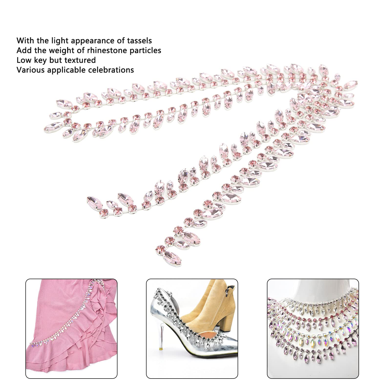 Rhinestone Chain Fringe Trim 2.3cm Wide 1 Yards Silver Bottom Fine Workmanship Super Glittering DIY Craft Chains for Wedding Party Clothing DIY ? (Pink)