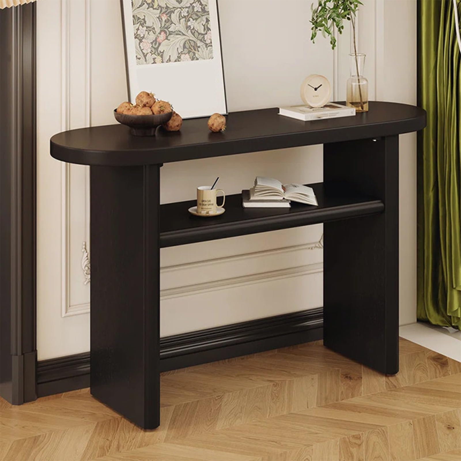 Mesa consola de madera maciza con almacenamiento de 2 niveles y cantos redondeados para salón