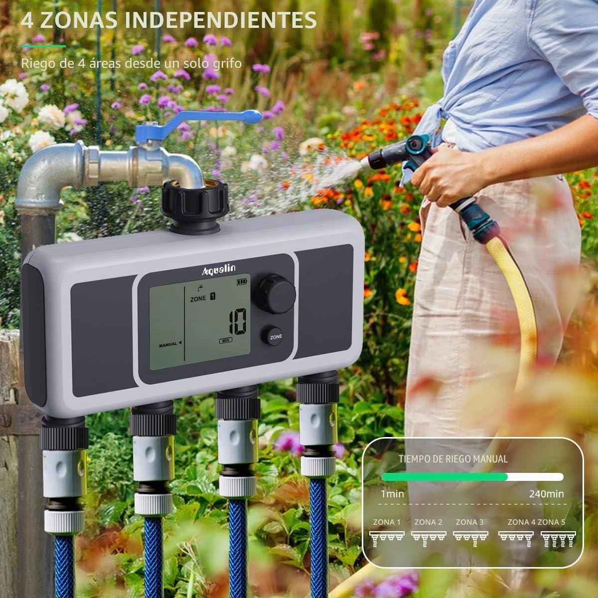 Temporizador de Agua de 4 Salidas, Temporizador automático de riego de Manguera de riego de 4 Zonas, Controlador programable de Sistemas de riego de jardín