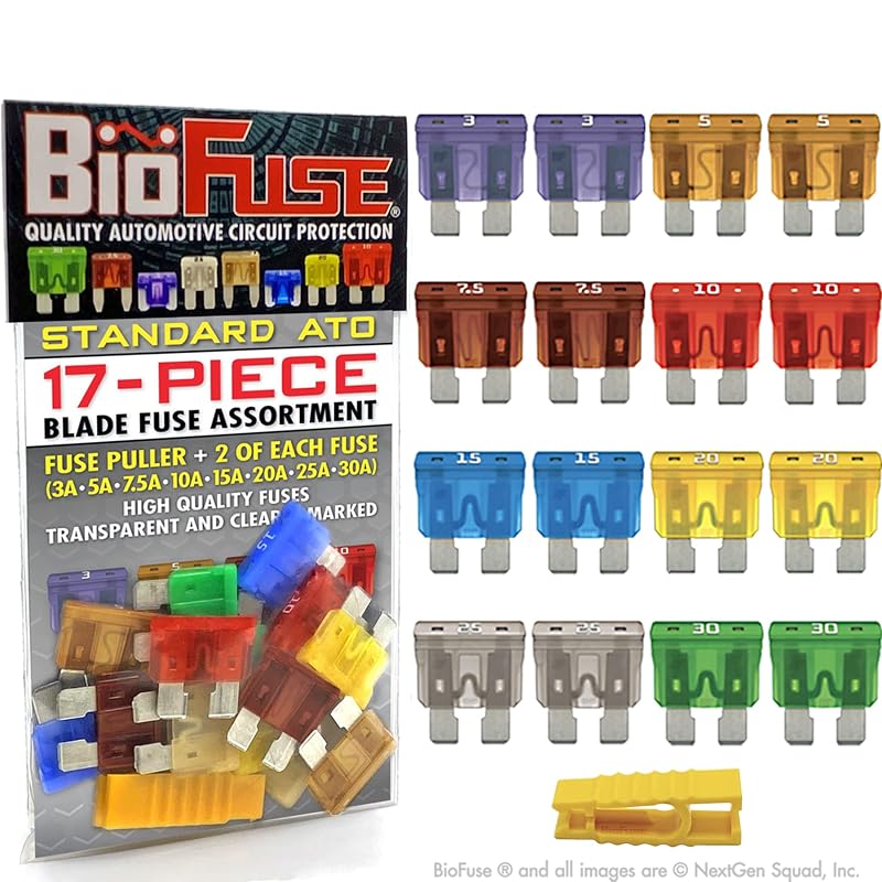 Kit de fusíveis automotivos lâmina ATO BIOFUSE 3A a 30A com extrator – 17 peças