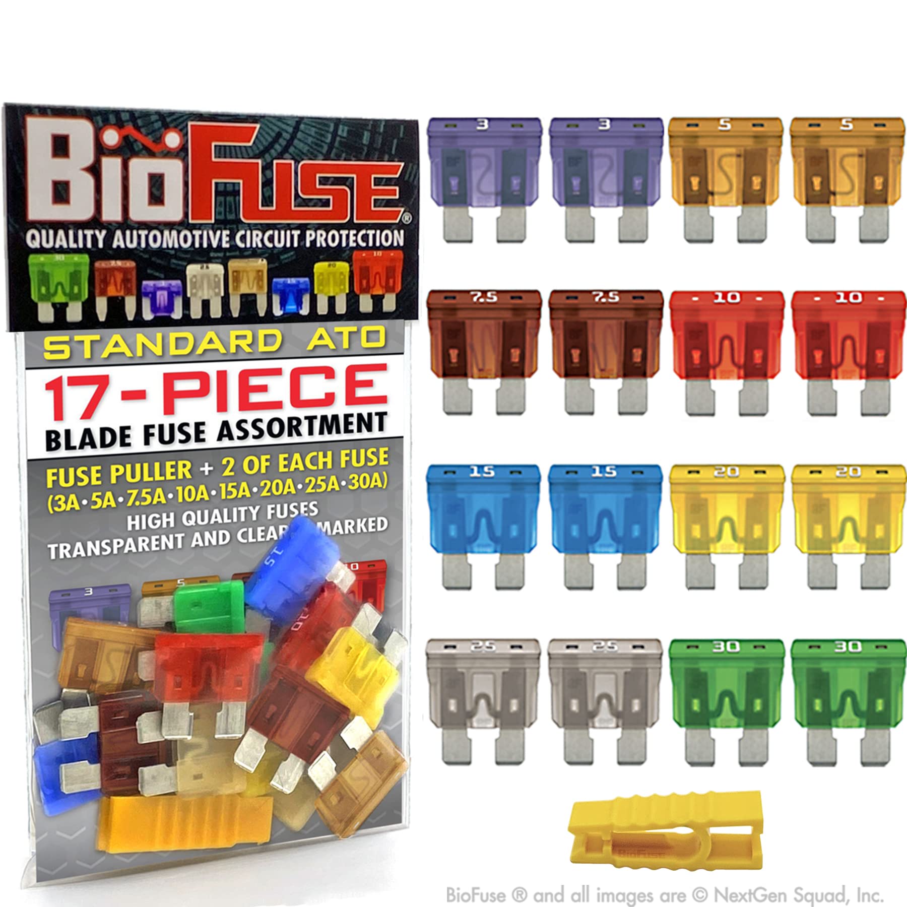 Standard ATO 17 Piece Automotive Car Fuse Assortment Pack: Set of 17 ATO Regular Blade Fuses 3A 5A 7.5A 10A 15A 20A 25A 30A (Blade Group: ATO, ATC, ATS, APR) + Fuse Puller