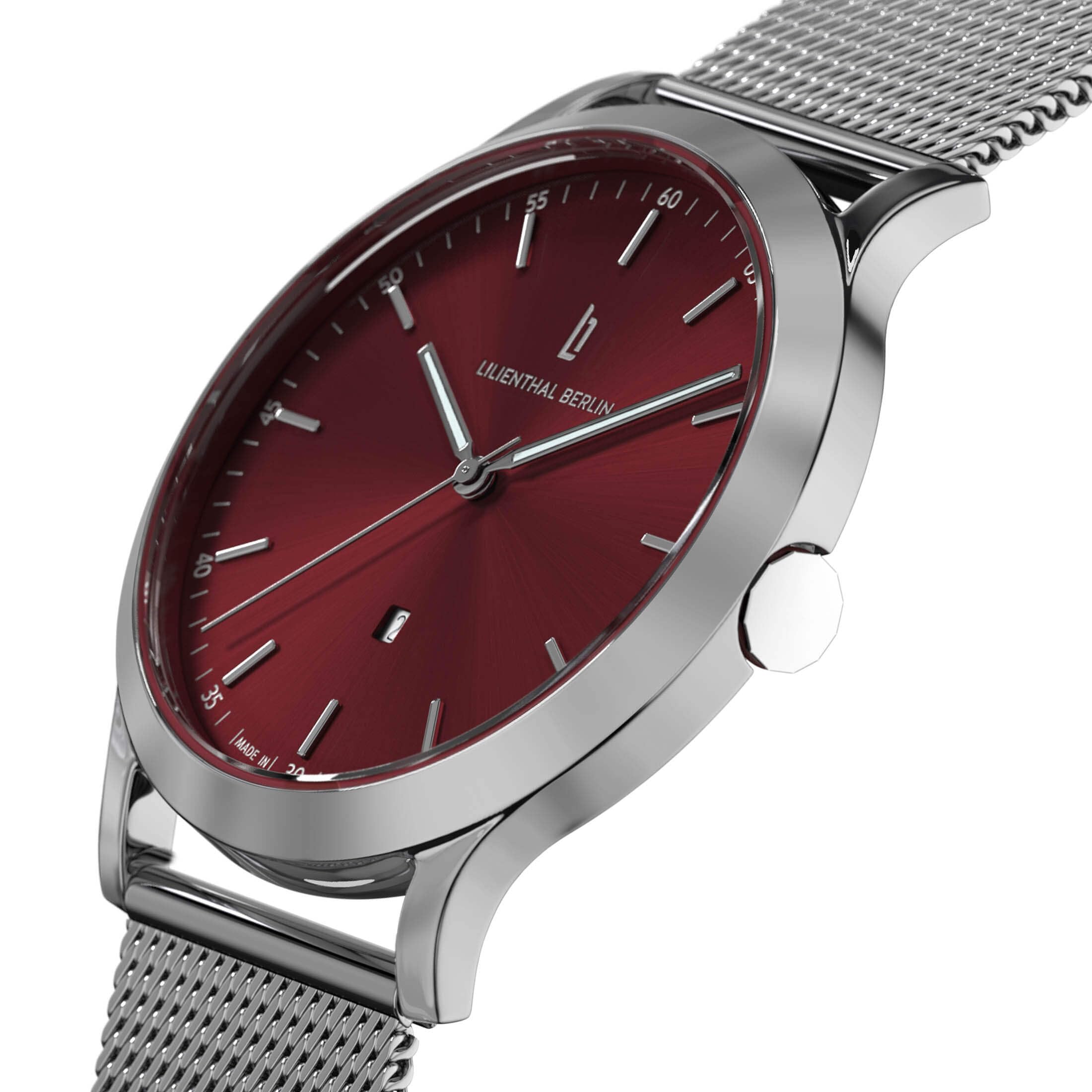 Lilienthal Berlin Orologio da uomo Huxley in Argento/Bordeaux - Orologio da polso in acciaio chirurgico 316L con movimento al quarzo e vetro minerale temperato zaffiro - 40 mm