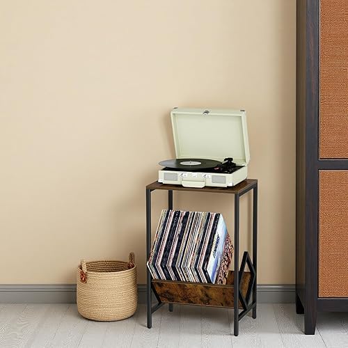 Miniatura 8 de Mesa auxiliar de 2 niveles, mesa auxiliar, soporte para tocadiscos con almacenamiento de hasta 100 álbumes, almacenamiento de discos de vinilo,