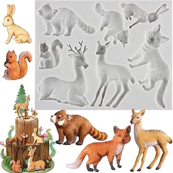 Woodland Animal Fondant Silicone Mold Fox Squirrel Rabbit Raccoon Beaver Elk Sika Deer Mold For Cake Decorating Cupcake Topper Candy Chocolate Gum Paste Polymer Clay