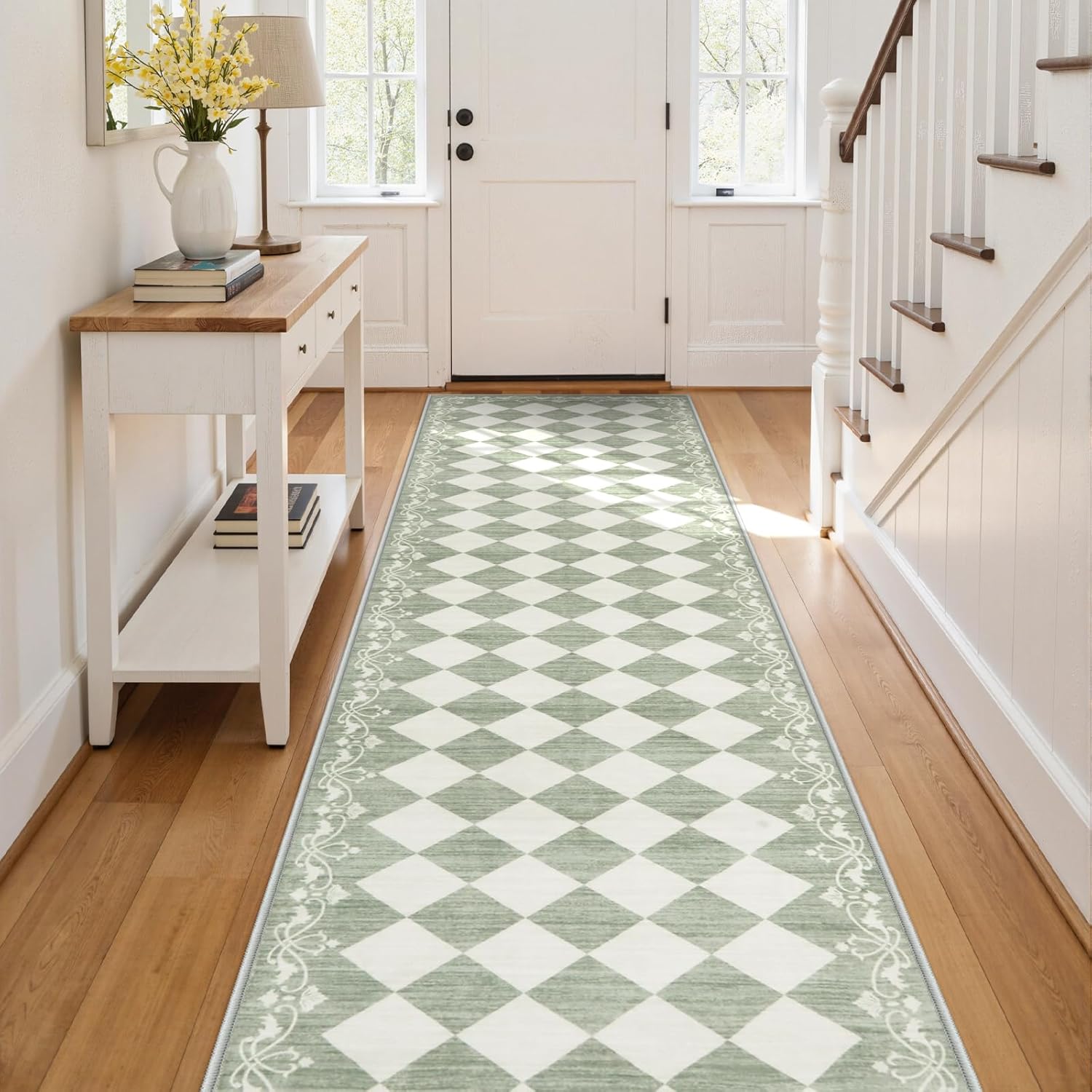 Checkered Green Runner Rug for Hallway 2.5x8, Washable Runner for Entryway Bathroom Non Slip, Moroccan Plaid Stain Resistant Print Kitchen Rug 8ft, Soft Gingham Carpet for Laundry Home Decor