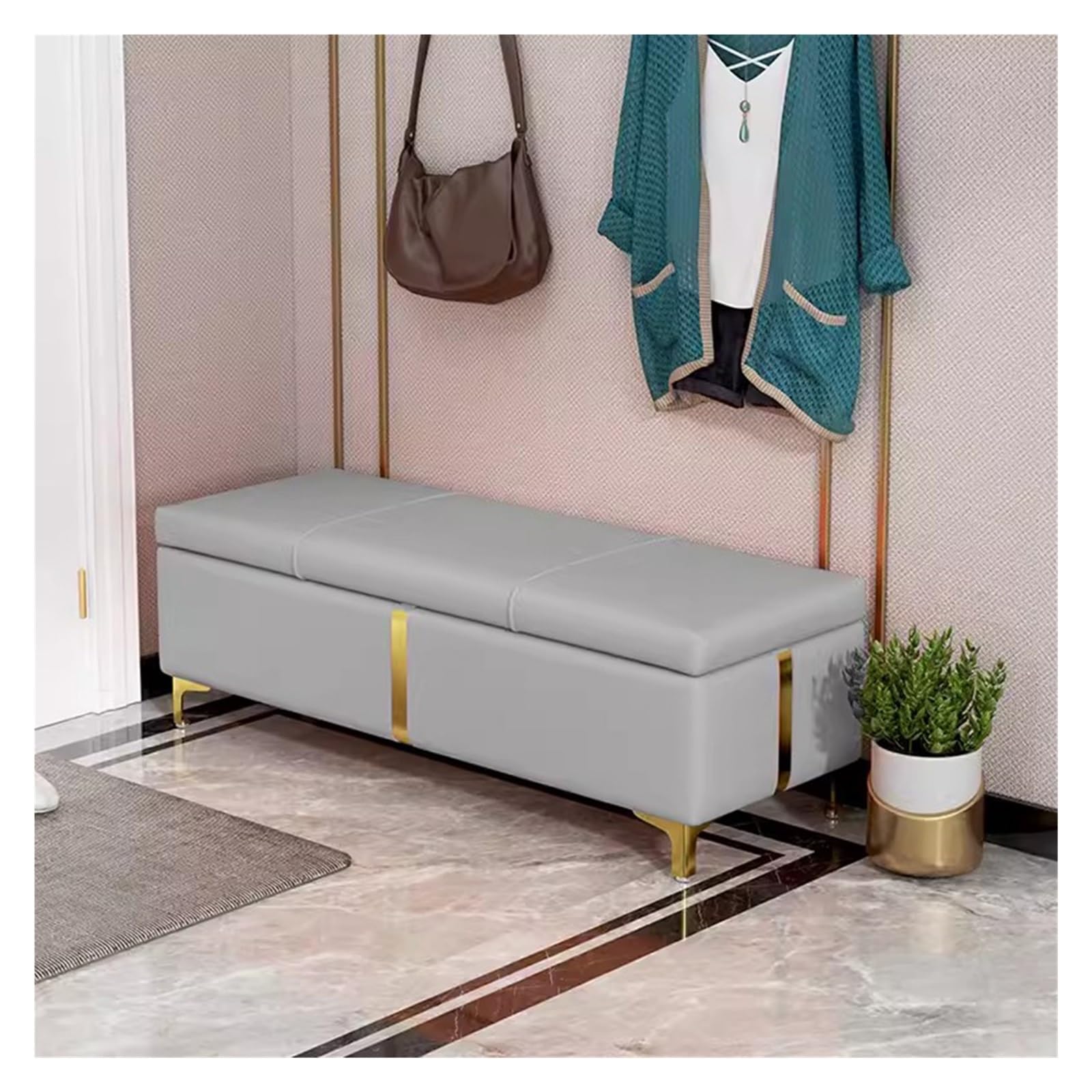 WDSOPK Storage Ottoman Faux Leather Storage Bench Bedroom Bench with Safety Close Hinge,Long Ottoman with Storage for Living Room,Entryway,Hallway,Foot Rest（Grey-80CM）