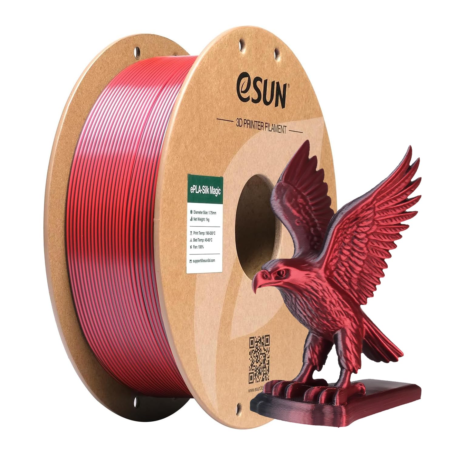 eSUN Silk Filamento PLA a doppio colore da 1,75 mm, filamento per stampa 3D in coestrusione Silk Magic PLA, colore sfumato che cambia bobina da 1 kg (2,2 libbre) (Silk Nero Rosso, 1KG)