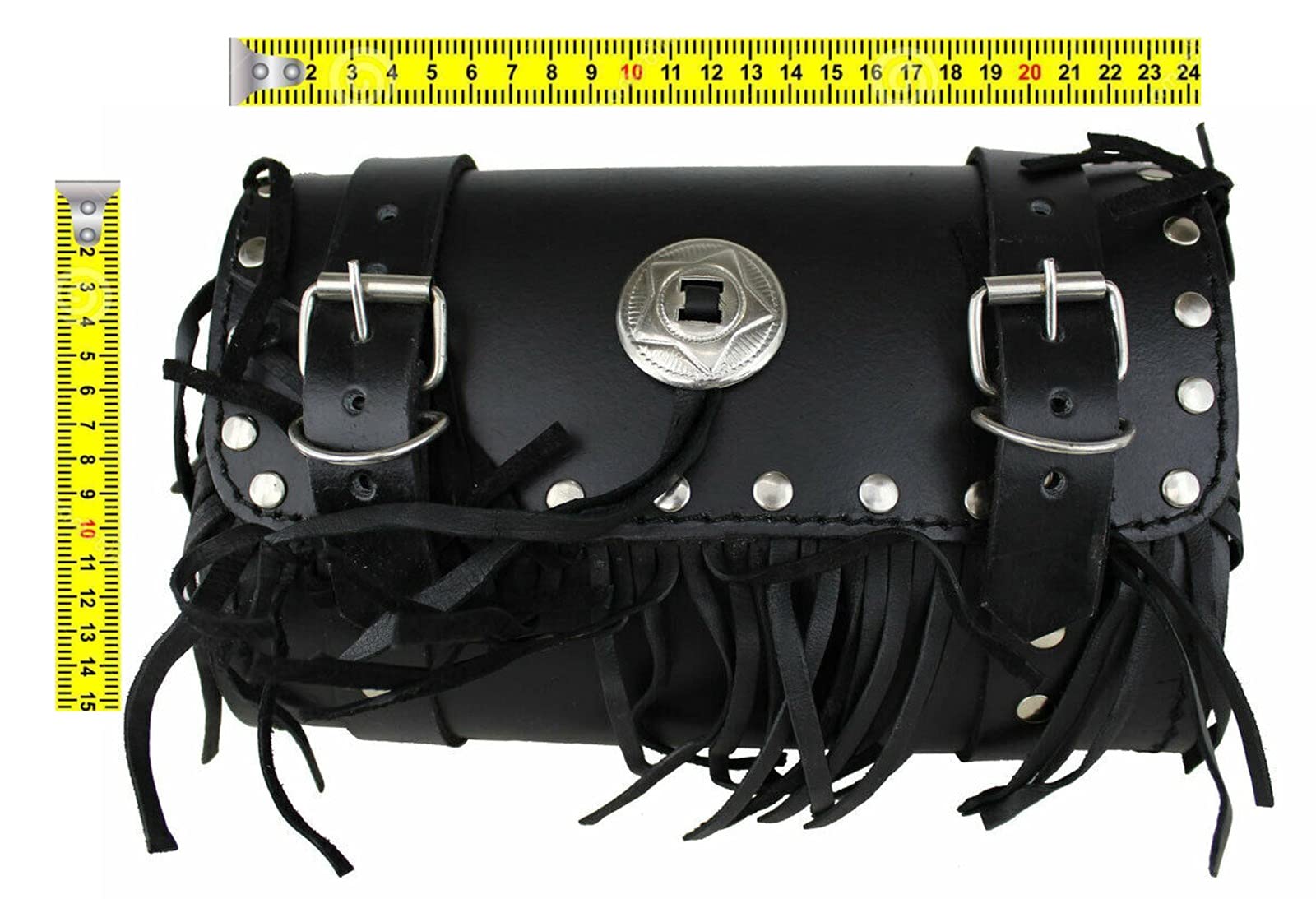 Universele motorfietstas, zadeltas van echt leer, waterdichte rol, biker chopper, toolbag stuurrol, custom biker bagage tassen met lederen franjes, zwart