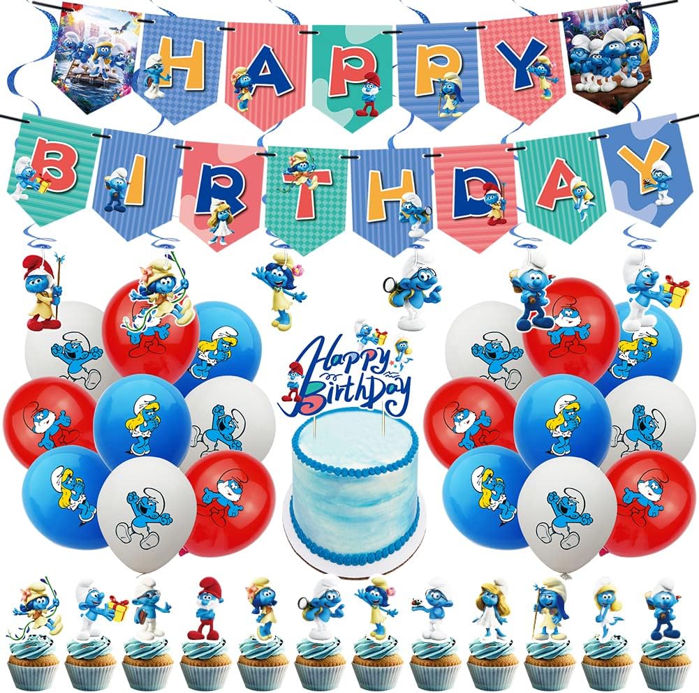 Ksopsdey The Smurfs Party Balloon, The Smurfs Figures Sets Party Decoration The Smurfs Party Birthday, Happy Birthday Banner for Kids Decoration Themed Party Birthday Supplies