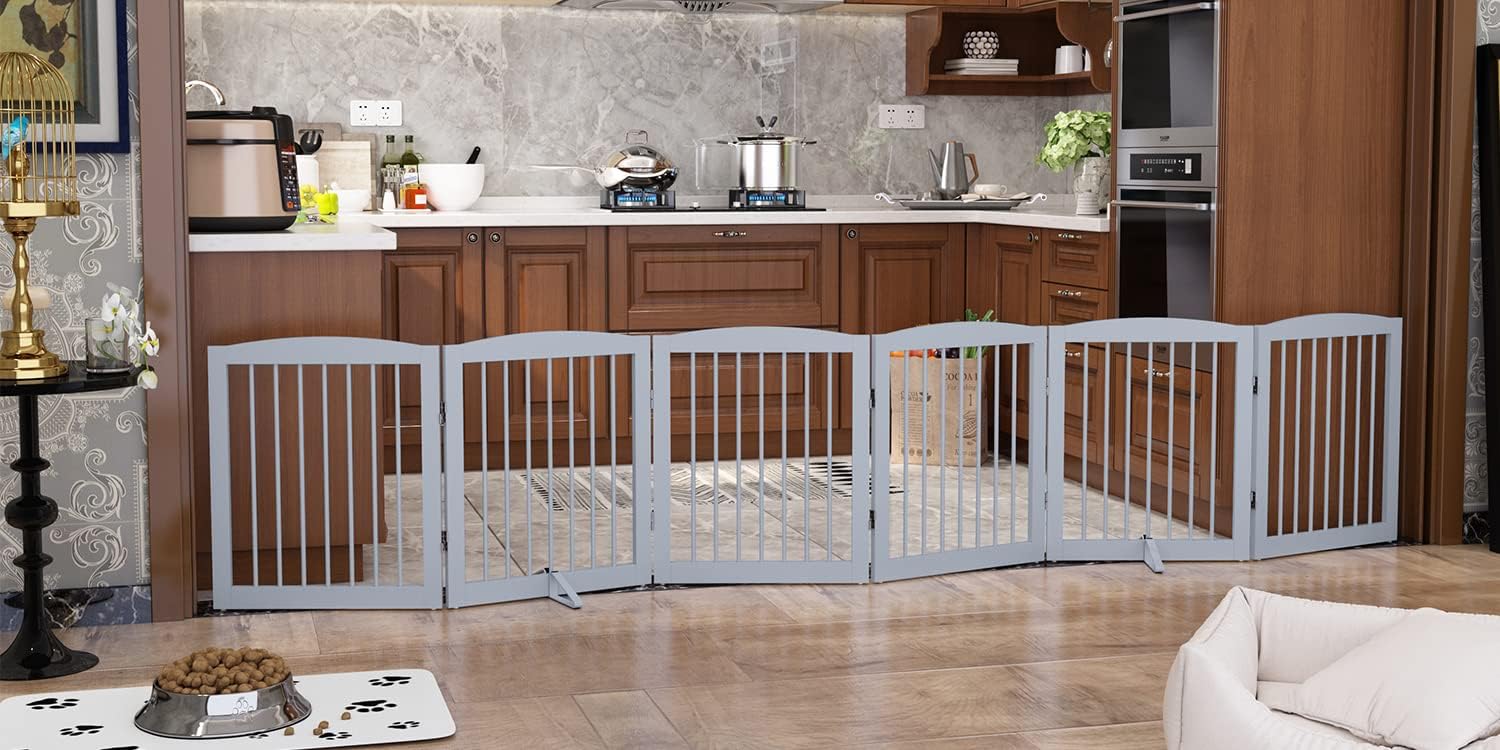 Freestanding Pet Gate for Dogs, Foldable Wooden Dog Gate for House, Extra Wide Indoor Pet Barrier for Stair, Doorway, Hall, Support Feet Included, 120 Inch Wide, 6 Panels 24", Grey 24" Height-6 Panel Gray