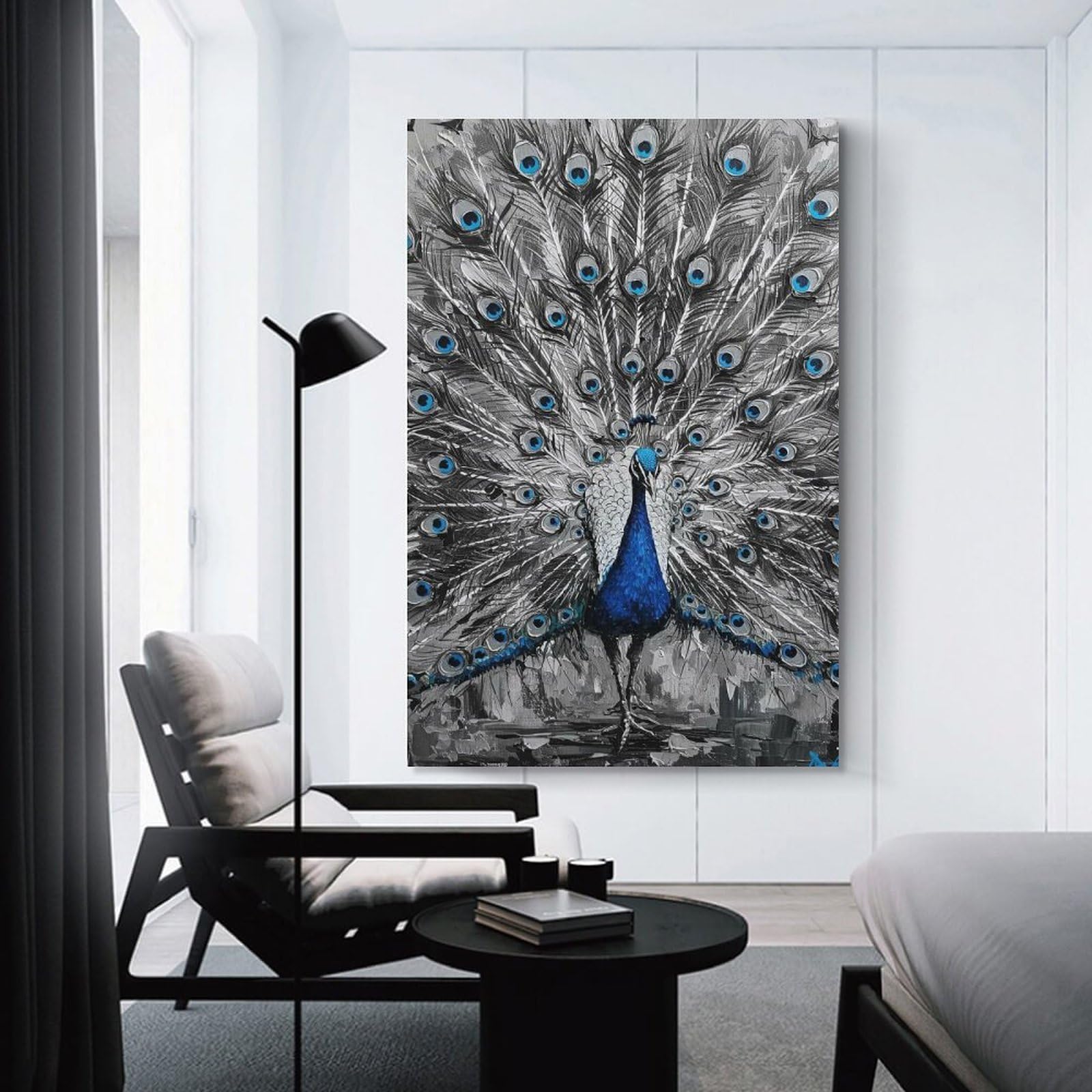 Junmoney Unframe-Style-21 Peacock Painting With Blue Accents Canvas Wall Decor 20X30inch(50X75cm), For Bedroom Walls, Guest Spaces Or Lounges, A Warm Accent For Relaxed Interiors