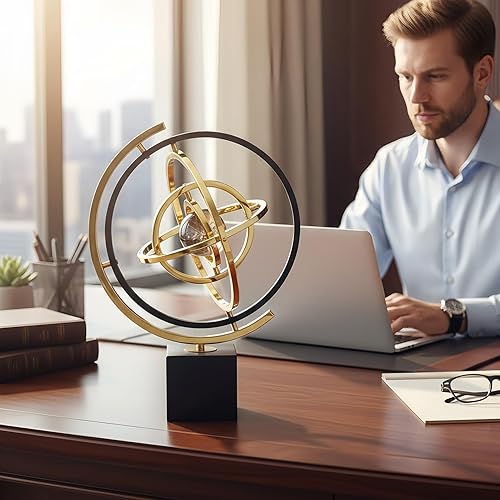 Miniatura 2 de Rotating Globe For Desk  Iron 34.5x23cm  Modern Abstract Art Metal Globe Sculpture  Decorative World Map Ornament For Living Room, Study, Office,