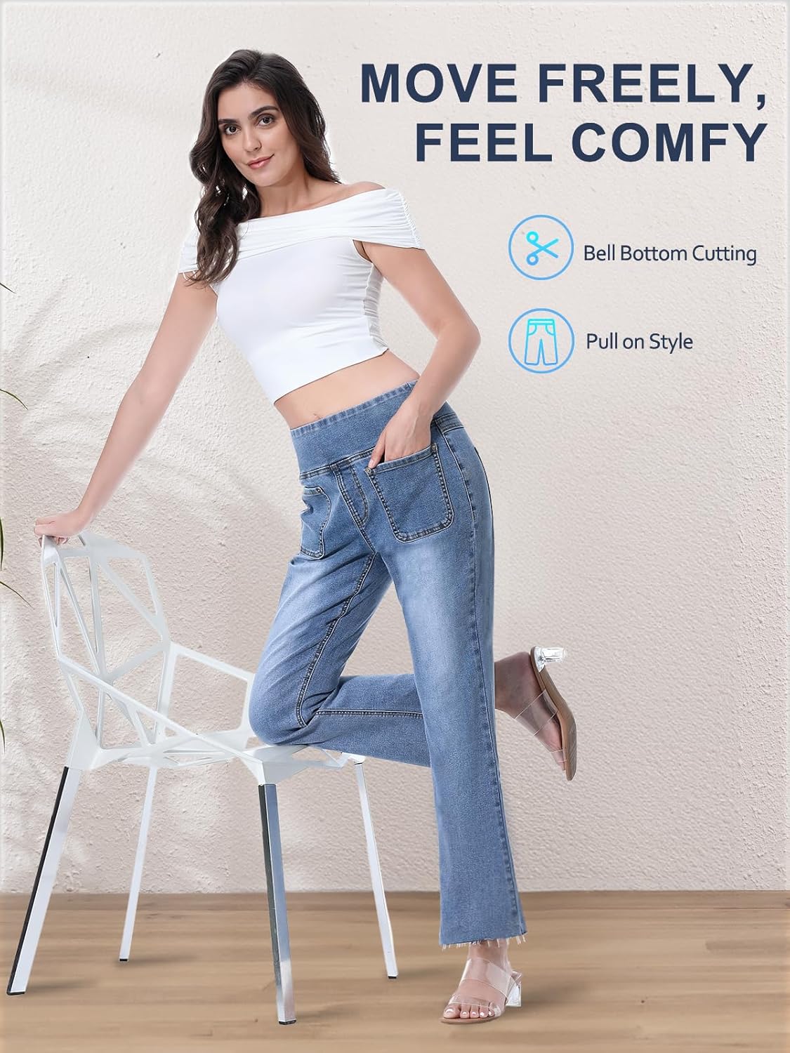 Cropped Pull on Jeans for Women, Trendy Stretchy High Waisted Flared Jeans Skinny Bell Bottom Boot Cut Jeans - Image 6