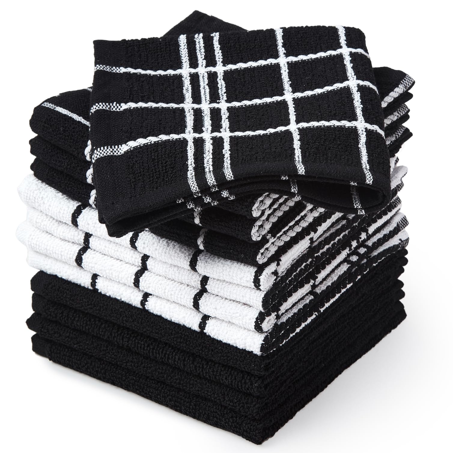 Encasa XO Juegos de paños de Cocina y paños de Cocina Terry Negro Toallas de Felpa de algodón Altamente absorbentes | 30x30 cm | Multiusos para Lavar Platos y Limpiar Juego de 12