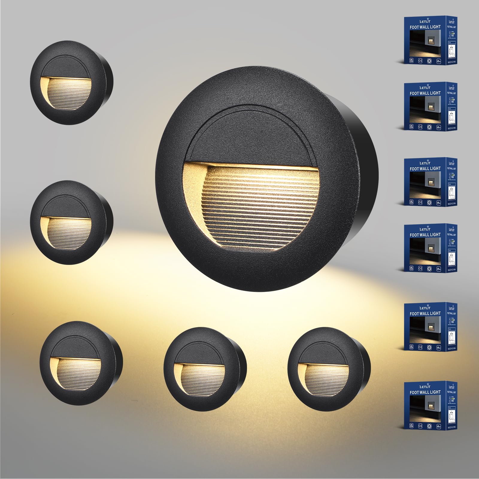 6 Stück Treppenbeleuchtung 5W 500lm, COB LED Treppenstufenbeleuchtung 230V 3000K, 85x85mm, IP65 Wandeinbauleuchte Rund Treppenlicht für Treppen Wand, Unterputzdosen 68mm, Aluminium Schwarz