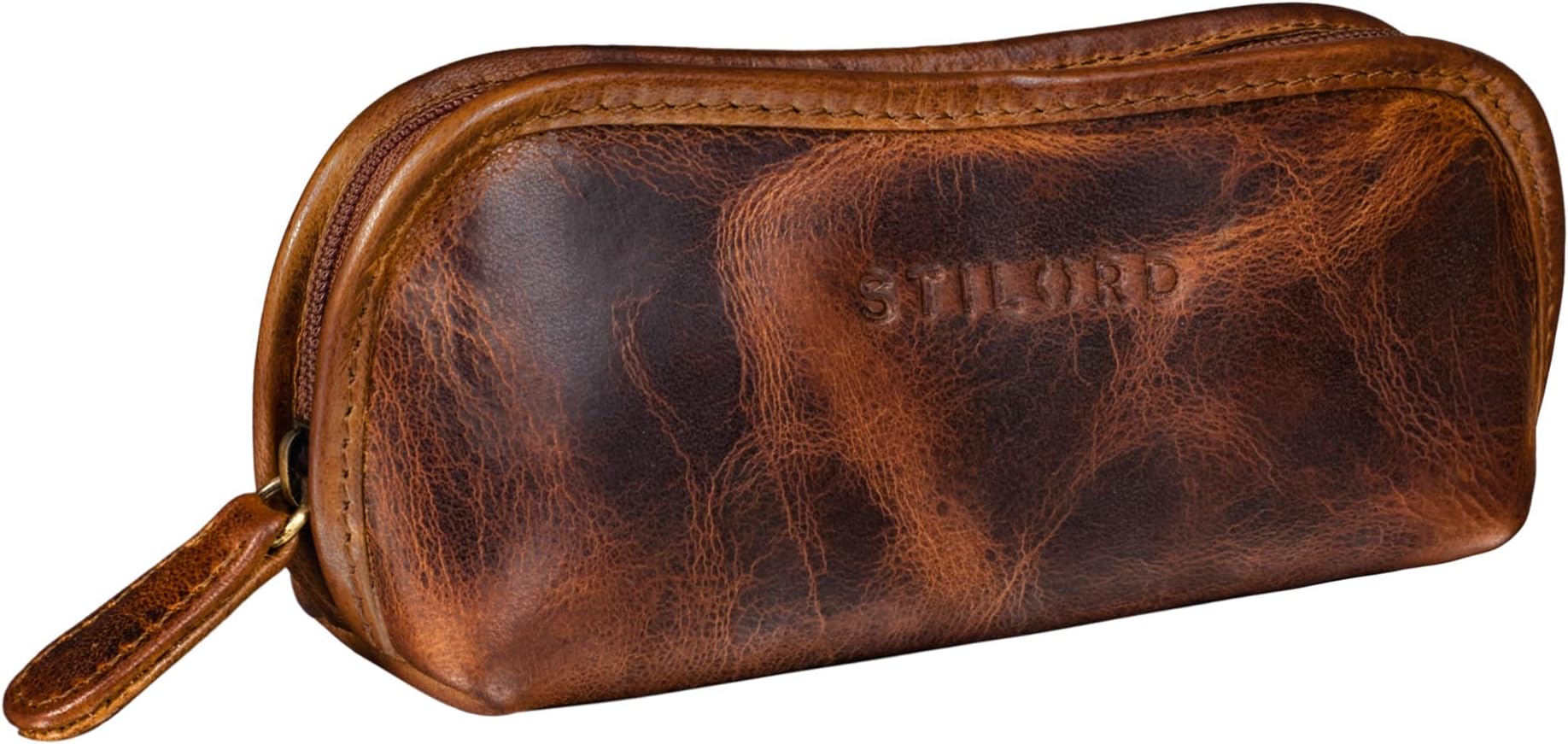 STILORD"Glasgow" Glasses Case Leather Zipper for Sunglasses Reading Glasses Spectacles Eyeglass Case Storage Pouch for Women Men Genuine Vintage Leather Colour:Middle Brown