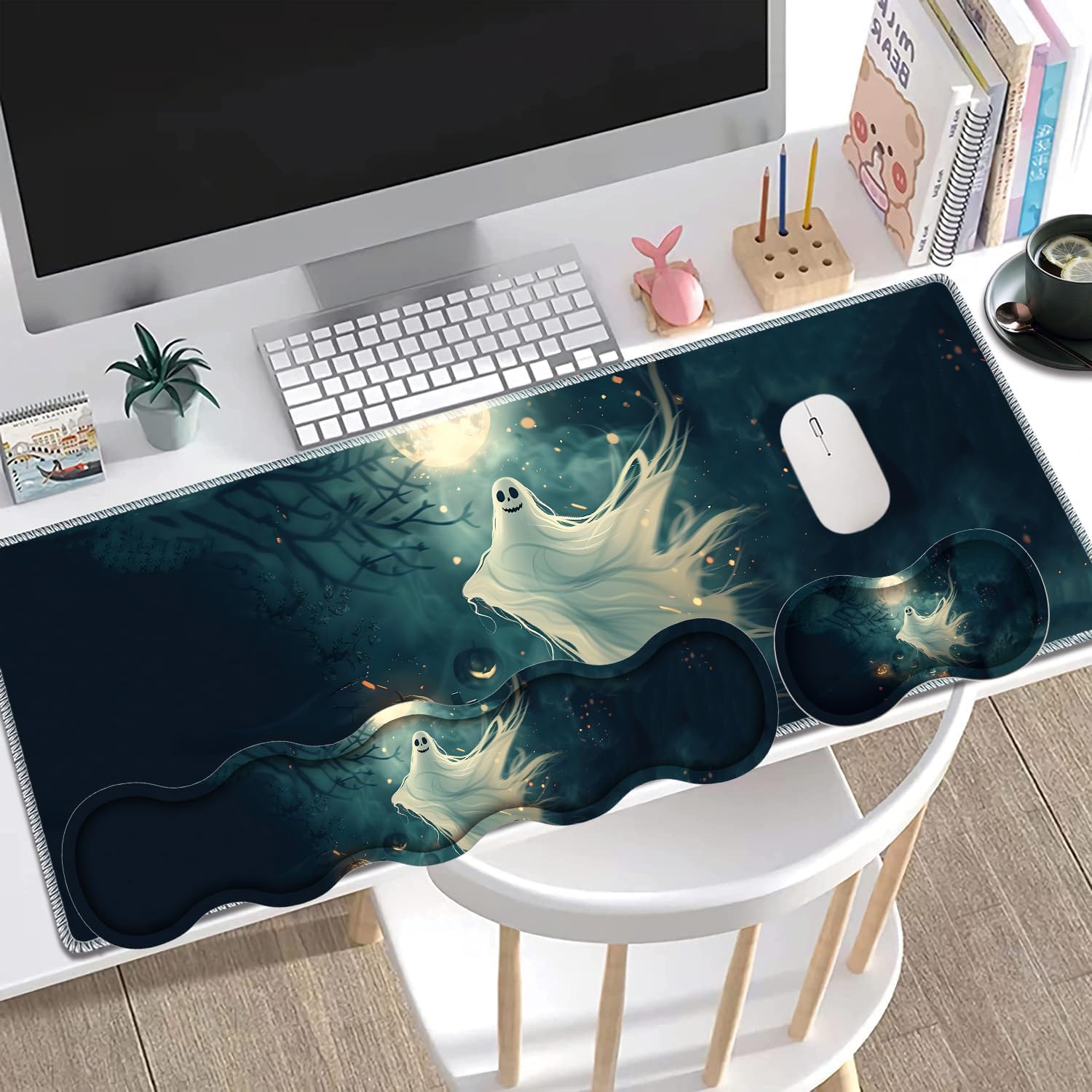 Large Gaming Mouse Pad + Keyboard Wrist Rest + Wrist Support + Coaster Set, Memory Foam Ergonomic for Easy Typing, XXL Extended Gaming Mouse Pad Table Pad - Halloween Ghost