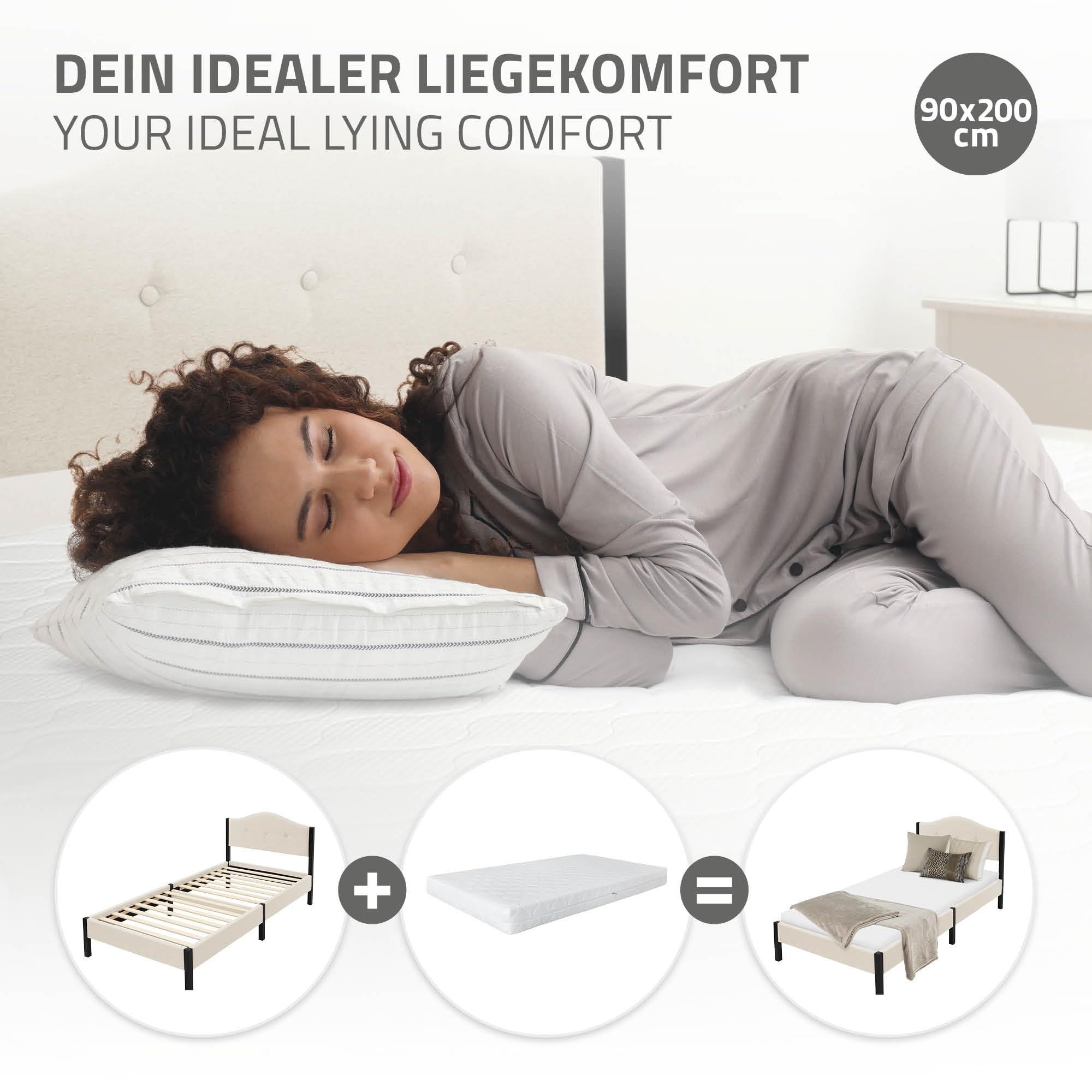 ML-Design Letto 90x200 cm, Giroletto Singolo, Struttura Robusta, Testiera Imbottita e Rete a Doghe, Telaio in Acciaio e Tessuto di Lino, Beige, Spazio di Archiviazione Sotto il Letto, per Cameretta