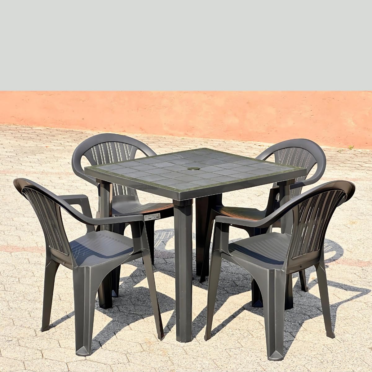 Tomaino Table De Jardin Carrée Plastique 80x80 Cm - Trou Parasol - Extérieur Terrasse Balcon