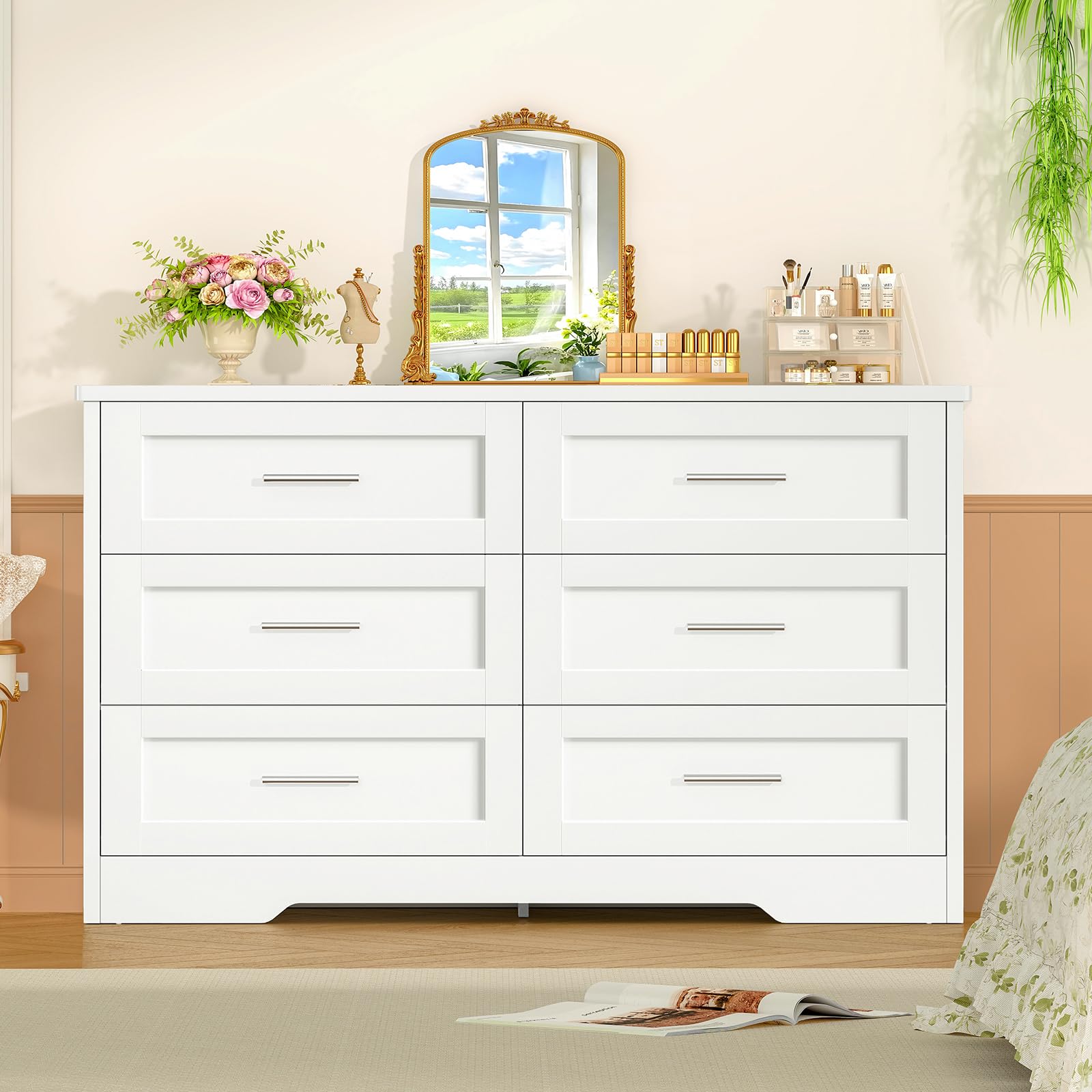 TEENFON Kommode mit 6 Schubladen, Weißer Komodenschrank für Schlafzimmer - Multifunktionales Sideboard für Wohnzimmer, Esszimmer, Flur, 107 x 35 x 75.5 cm