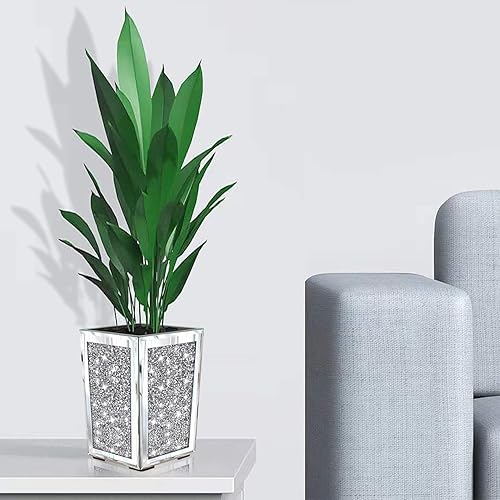 Meetart Macetero con espejo de diamante triturado, espejo decorativo de cristal plateado, maceta de lujo, con orificio de drenaje y bandeja para