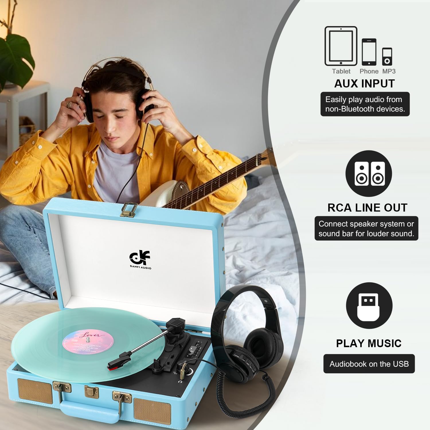 Person listening to music with headphones connected to the record player, with AUX input and RCA line out options shown