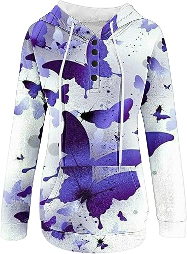 Miniatura 5 de Sudadera con capucha para mujer, con estampado de mariposa, casual, con botones abiertos, estilo Henley, manga larga, con cordón, recortada