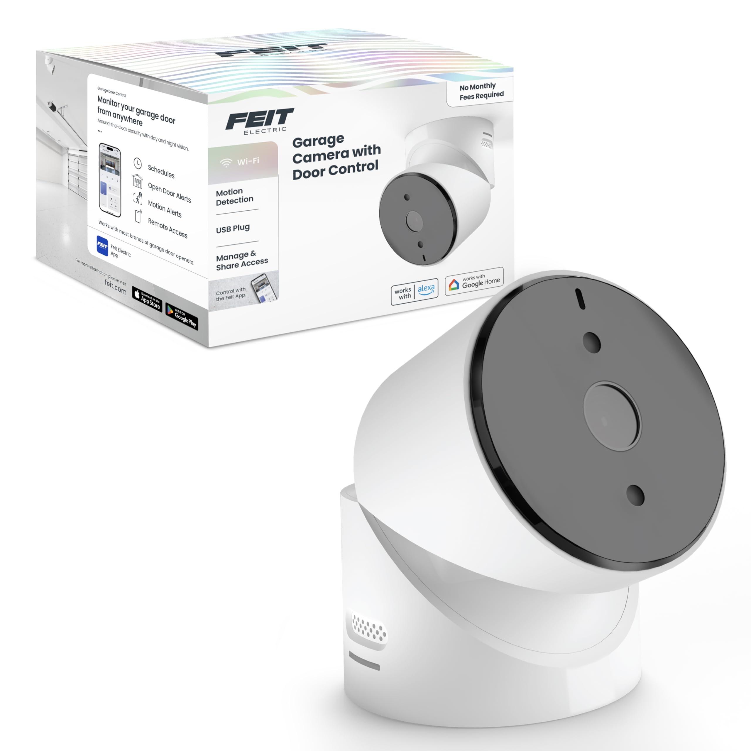 Feit Electric Smart Garage Door Camera, 2-Way Audio, Live Streaming, Human Motion Detection, 24/7 Recording, Infrared Night Vision, Remote Closure & Alerts, Alexa/Google Asst Compatible, CAM/GAR/WiFi White INDOOR GARAGE - WIRED